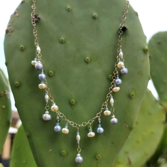 USA Handmade Necklace hand-wire-wrapped Freshwater pearl sterling silver & glass - Picture 3 of 7